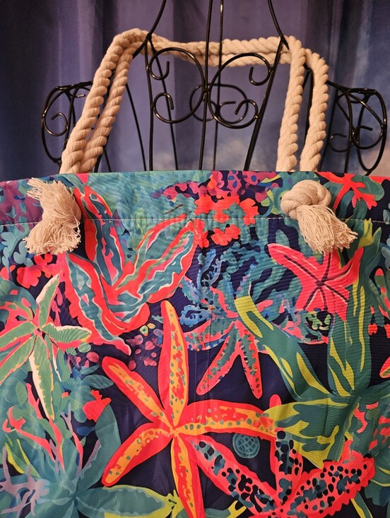 Handbags - Tropical Starfish Print Rope-Handle Tote Bag - Navy & Multicolor